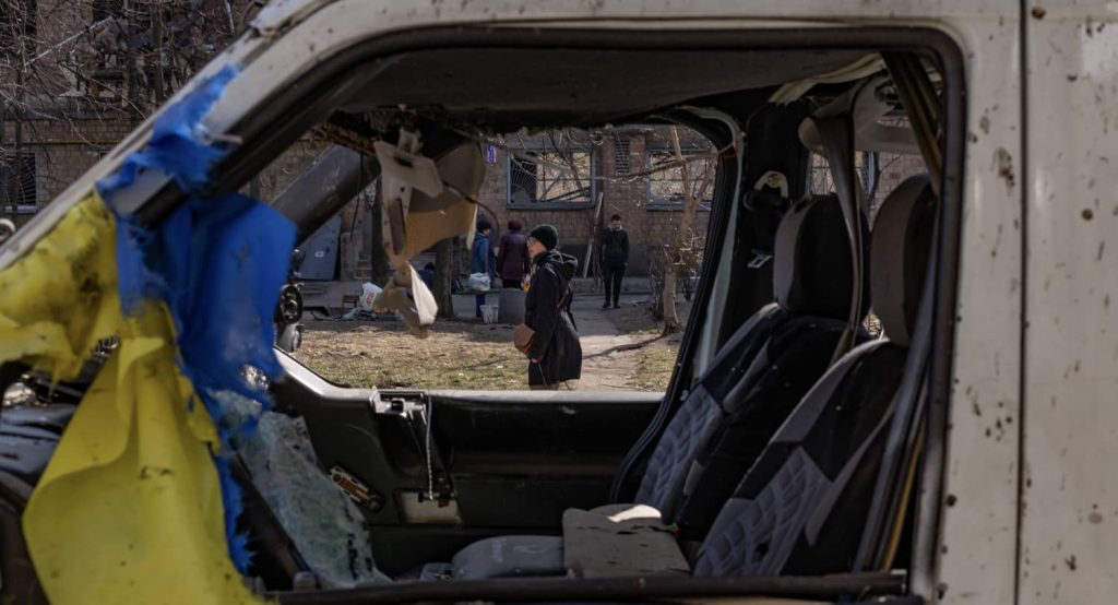 Shelling destruction in Kyiv, Ukraine. Photo credit: Sadak Souici/Le Pictorium/Cover via Reuters Connect