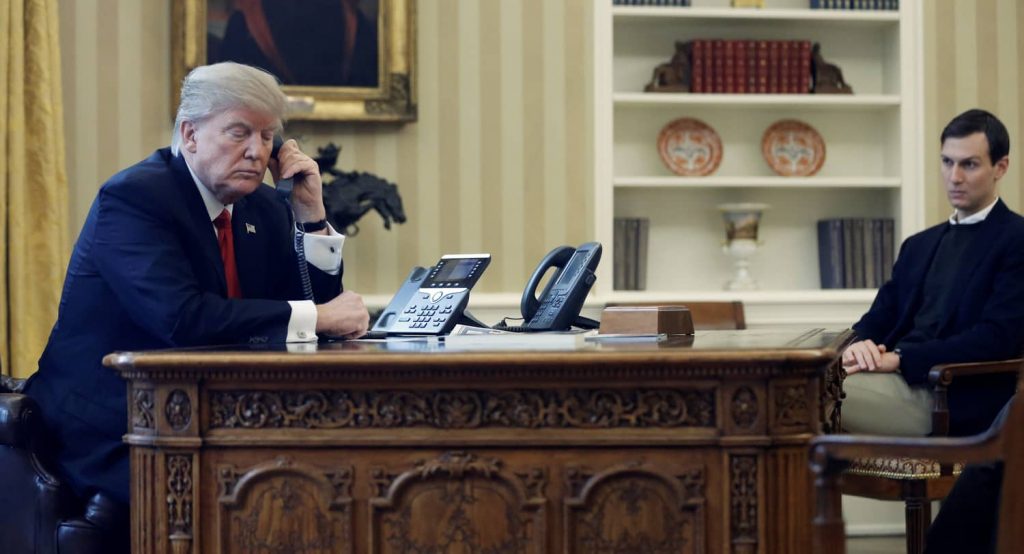 President Trump, joined by Senior Advisor Kushner, in the Oval Office at the White House. Photo credit: REUTERS