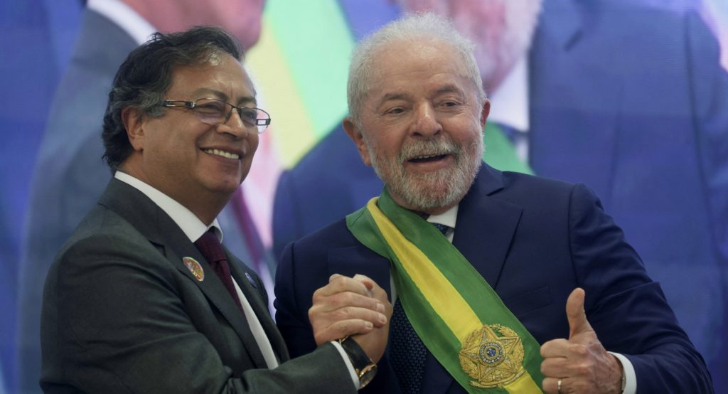 Brazil’s President LuBrazil’s President Lula da Silva holds hands with Colombian President Gustavo Petro, in Brasilia, Brazil, January 1, 2023. Photo credit: REUTERS/Ricardo Moraesla da Silva holds hands with Colombian President Gustavo Petro, in Brasilia, Brazil, January 1, 2023. Photo credit: REUTERS/Ricardo Moraes