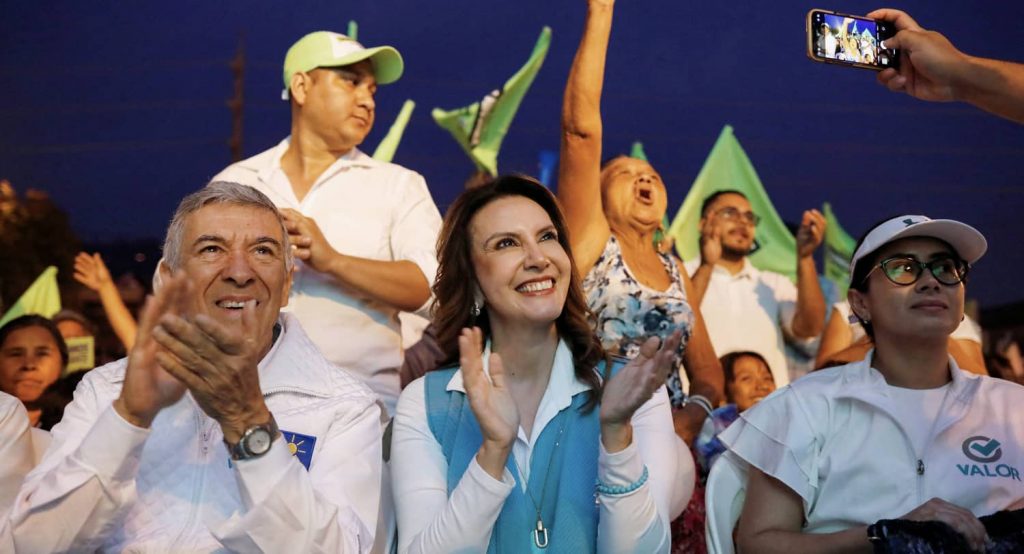 Guatemalan presidential candidate Zury Rios and vice presidential candidate Hector Cifuentes attend a campaign rally in Guatemala City, Guatemala, April 16 2023. Photo credit: REUTERS/Luis Echeverria