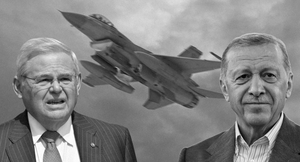 US Senator Bob Menendez (Left) and Turkish president Recep Tayyip Erdoğan, with a Turkish F-16 in the back (illustration). Photos credit: Kyle Mazza via Reuters Connect, IMAGO/Björn Trotzki via Reuters Connect, REUTERS/Murad Sezer