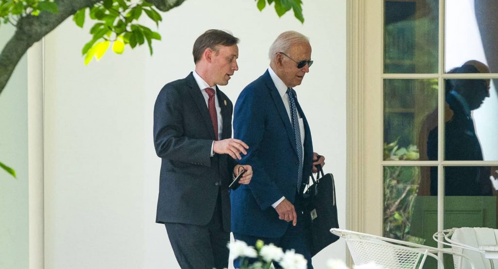 US President Joe Biden walks into the Oval Office with Jake Sullivan, National Security Advisor. Photo credit: Pool/ABACA via Reuters Connect