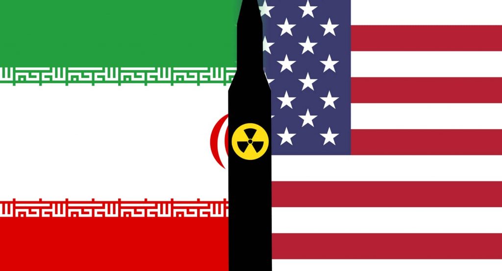 Flags of the United States and Iran side by side and a missile with nuclear symbol in the middle of the two national symbols, illustration