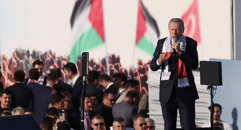 Turkish President Recep Tayip Erdoğan during the “Great Palestinian Rally” in Istanbul, October 28, 2023. Photo credit: REUTERS/Dilara Senkaya.