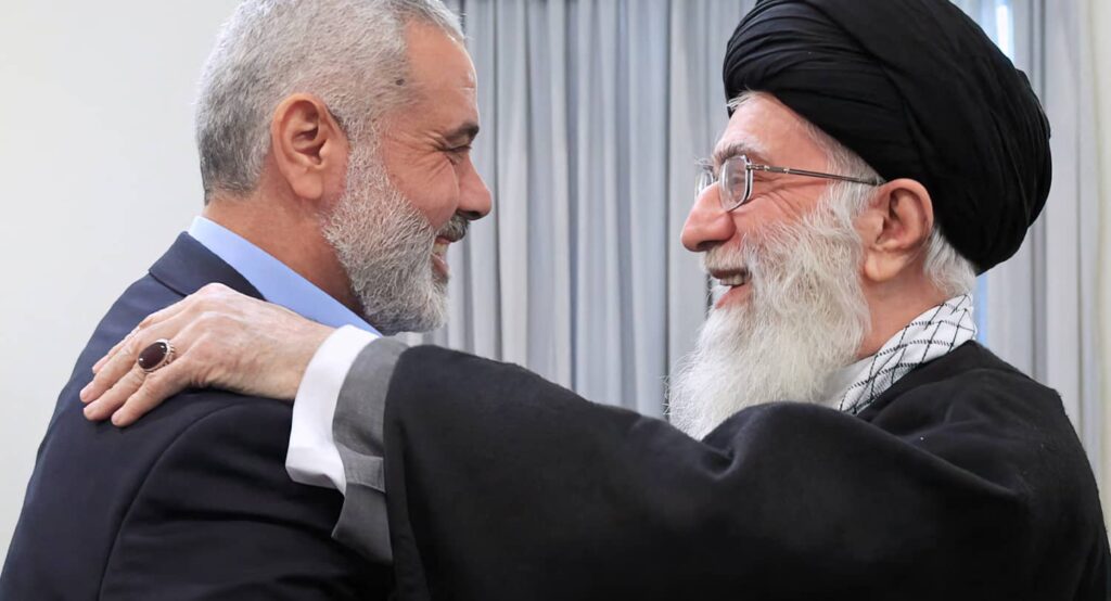 Hamas leader Ismail Haniyeh meets with Iran’s Supreme Leader Ayatollah Ali Khamenei in Tehran, June 22, 2023. Photo credit: SalamPix/ABACA via Reuters Connect.