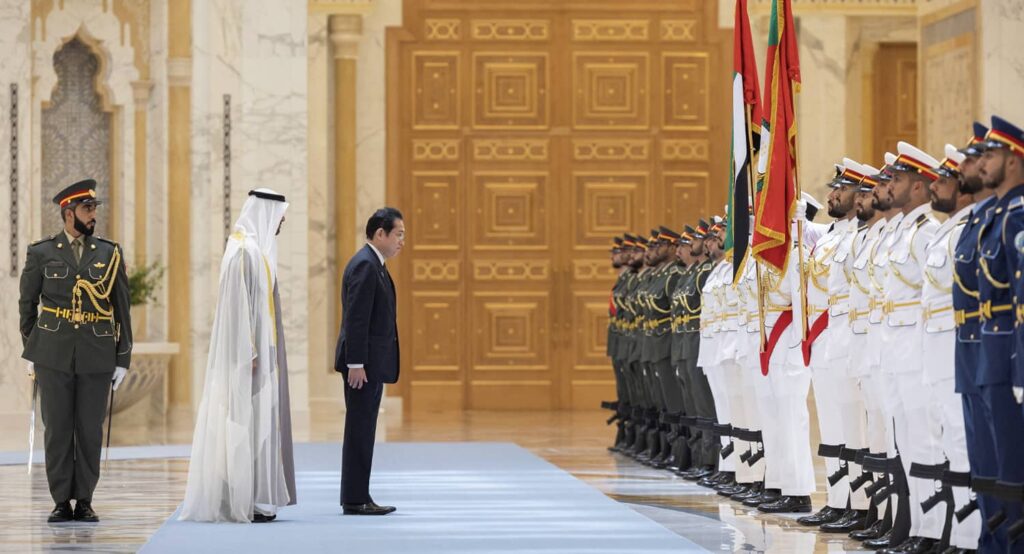 Sheikh Mohamed bin Zayed Al Nahyan, President of the United Arab Emirates and Fumio Kishida, Prime Minister of Japan, during an official reception in Abu Dhabi, July 17, 2023. Photo credit: Ryan Carter/UAE Presidential Court via REUTERS.