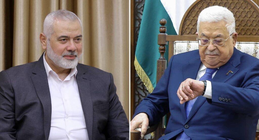 Hamas leader Ismail Haniyeh on left, and Palestinian Authority President Mahmoud Abbas on right. Photo credits: West Asia News Agency via REUTERS; REUTERS/Evelyn Hockstein/Pool.