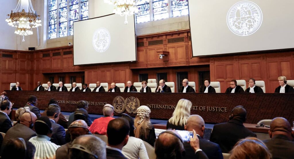 Judges at the International Court of Justice (ICJ) deliver ruling on provisional measures sought by South Africa in the genocide case against Israel, January 26, 2024. Photo credit: REUTERS/Piroschka van de Wouw.