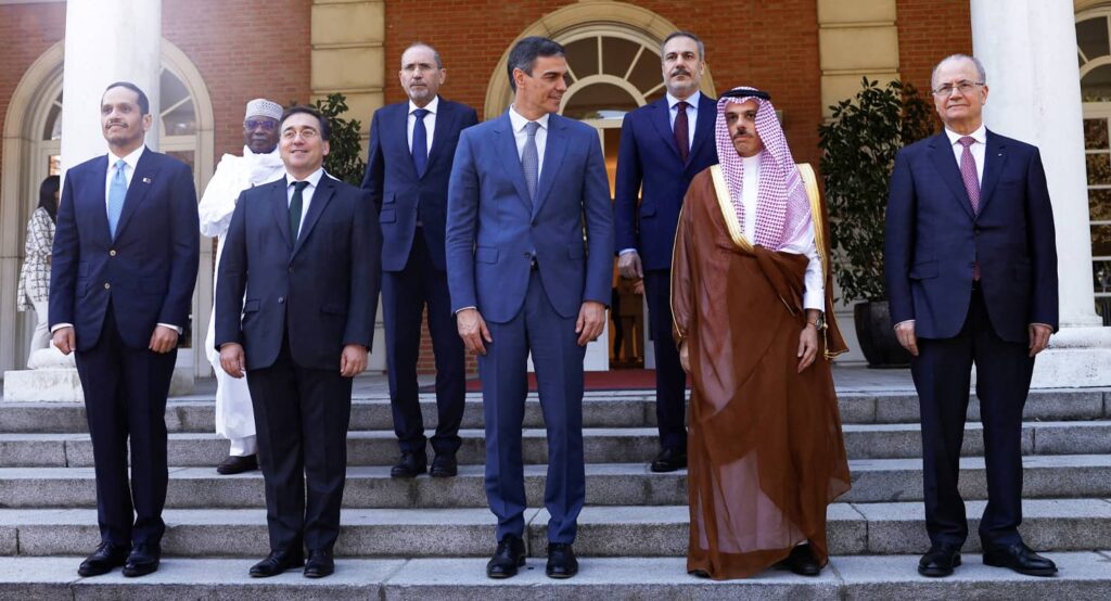 Prime Minister Sanchez (center) meets the Palestinian prime minister and foreign ministers from Qatar, Saudi Arabia, Jordan, and Turkey, in Madrid on May 29, 2024. Photo credit: REUTERS/Susana Vera.